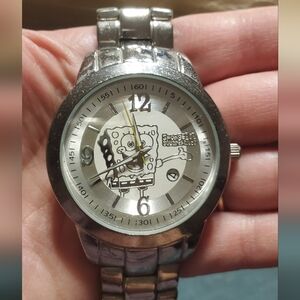 WORKING Vintage Mens SpongeBob SquarePants Silver Tone Metal Band Wristwatch